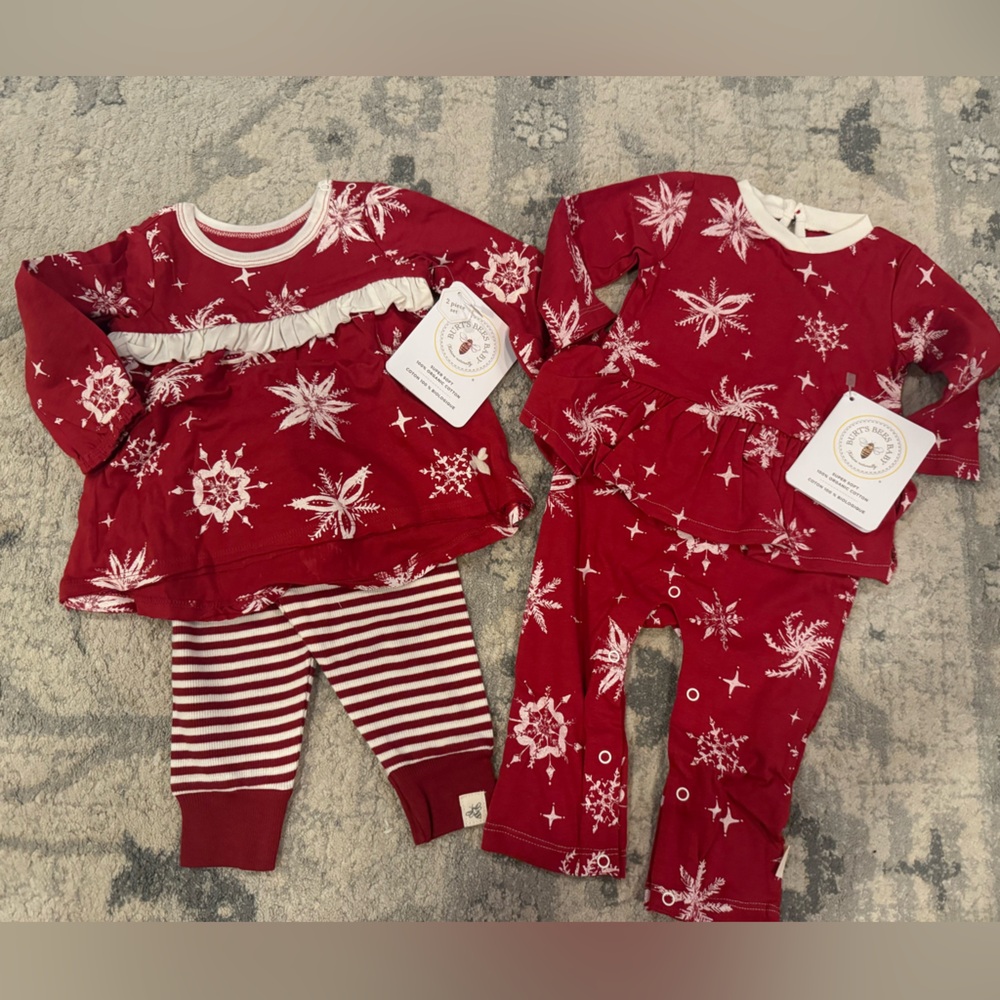 NWT Burt's Bees Baby 0-3 Month Red Snowflake Holiday Christmas Outfits